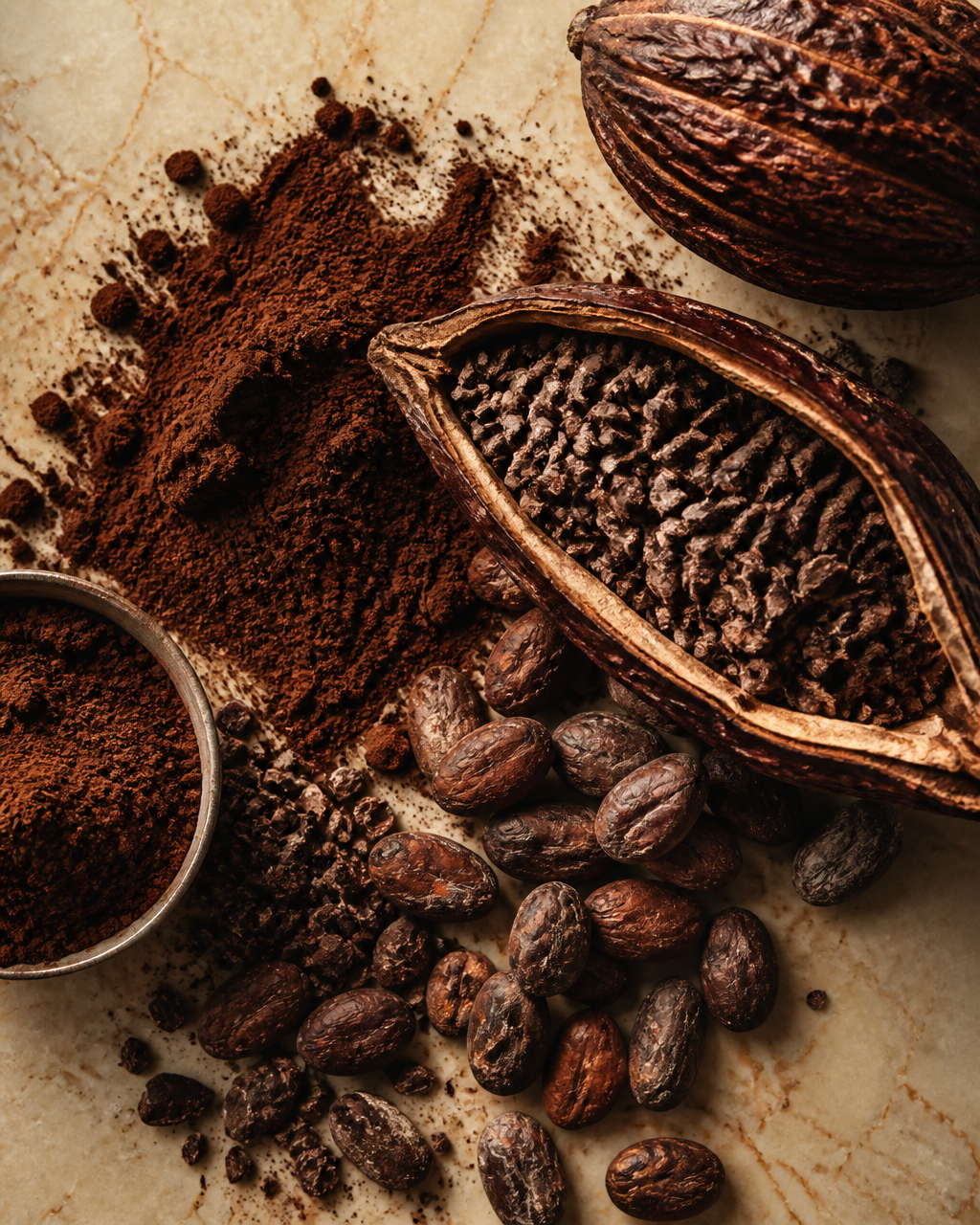 Premium cocoa powder, cocoa beans and a cocoa pod