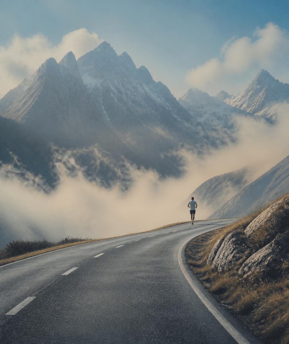 Runner on an alpine road at dawn