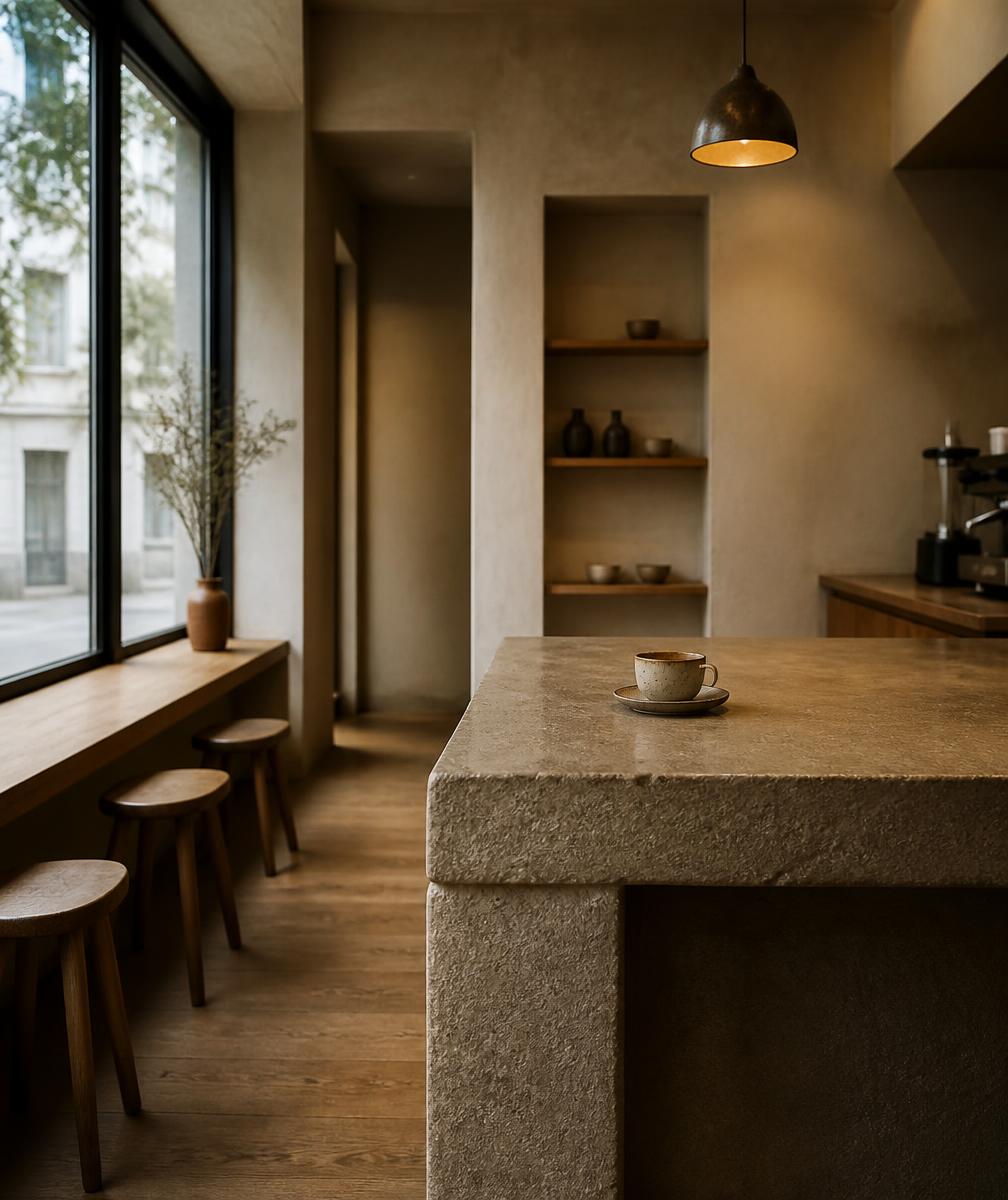 Quiet minimal café interior in morning light